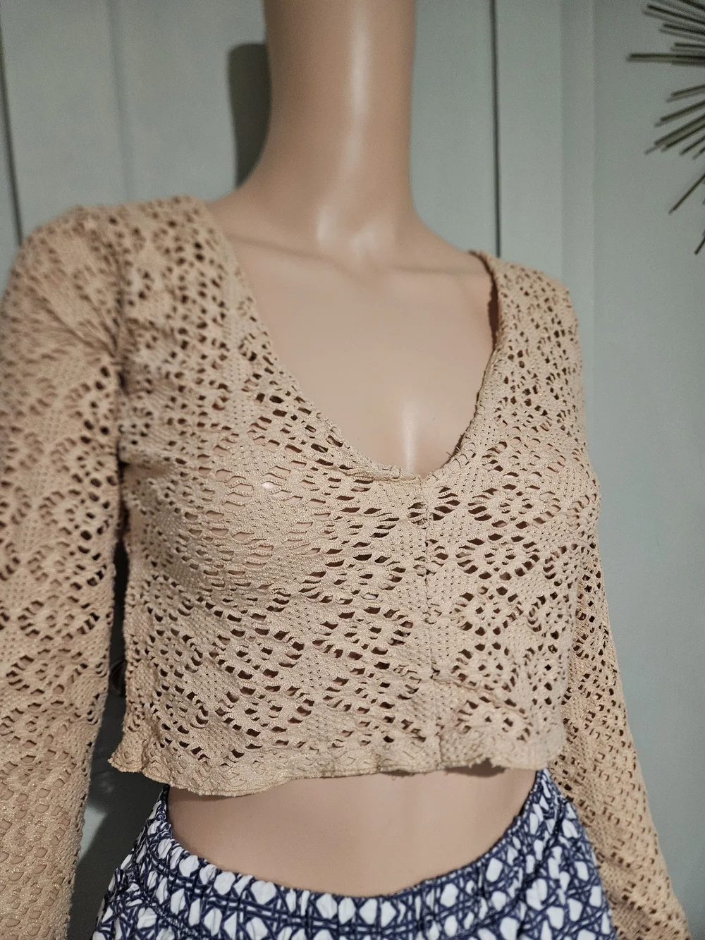 FP Beach Reversible Crochet Knit Long Sleeve Crop Top Beige Size S